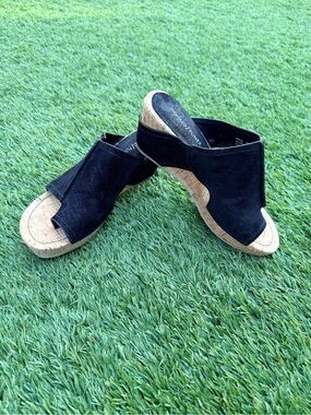 Black Suede Open-Toe Wedge Sandals by Donald Pliner